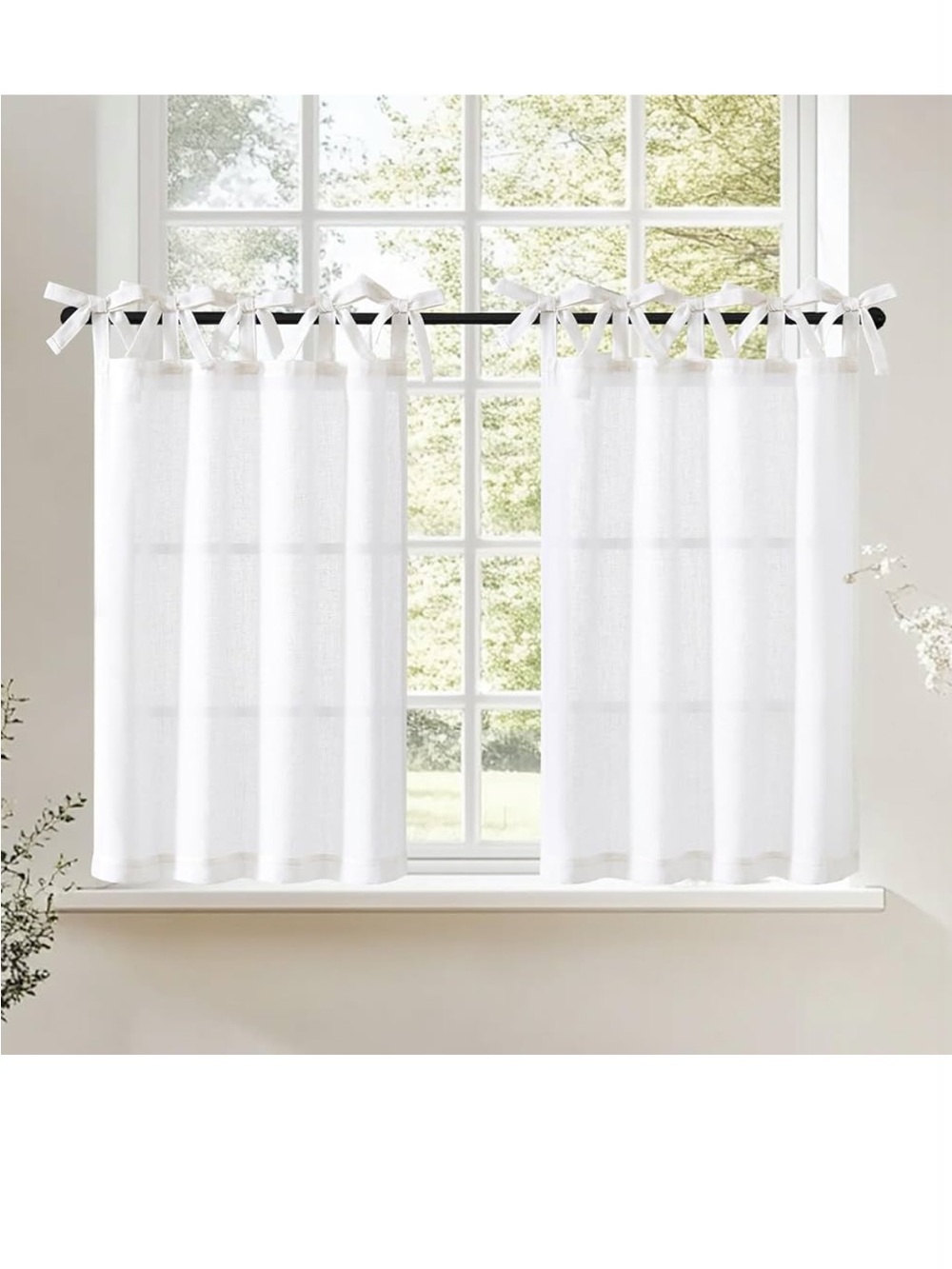 White Tie-Top Sheer Kitchen Curtains - Set of 2